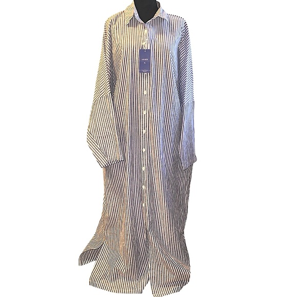 Chouytou button down shirt dress blue & white stripes, side pockets, split hem - Picture 2 of 16